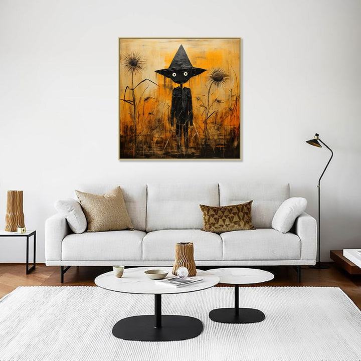 A black scarecrow stands as a sentinel in the midst of a desolate, withered crop set against a haunting orange background : Personal room Paintings