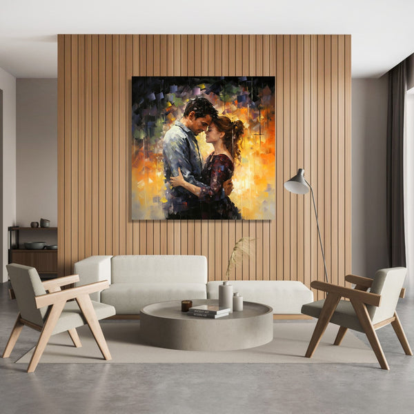 A couple leaning into each other and resting their forehead on eachother's forehead. Orange and dark abstract background.