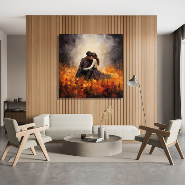 A couple sitting on ground, facing each othe rand embracing, Abstract orange ground an dblack and white background