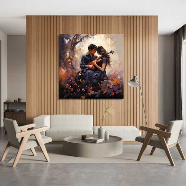 A couple sitting with a guitar under a tree, abstract background