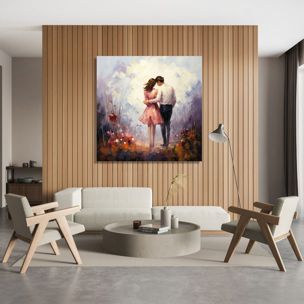 A couple walking inwards embracing each other. Girl in Pink short dress and boy in pant shirt. Light abstract background