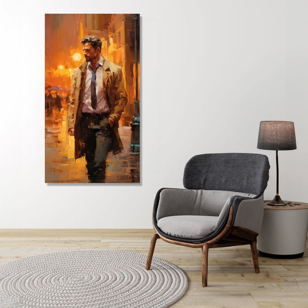 A dressed man walking through the street. Bight yellow orange street lit background