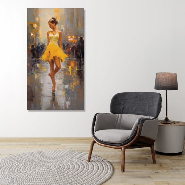 A girl in yellow dress dancing in the middle of a street.background in abstract