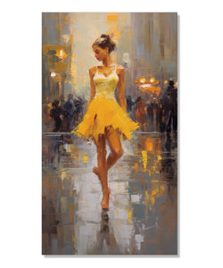 A girl in yellow dress dancing in the middle of a street.background in abstract : Living room Painting