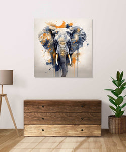 A grey male african elephant with two tusks, orange and grey splash background on few areas