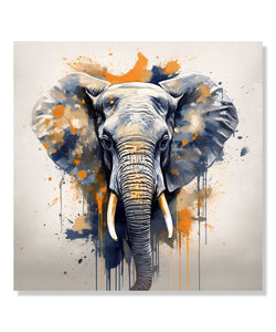 A grey male african elephant with two tusks, orange and grey splash background on few areas : Living room Painting