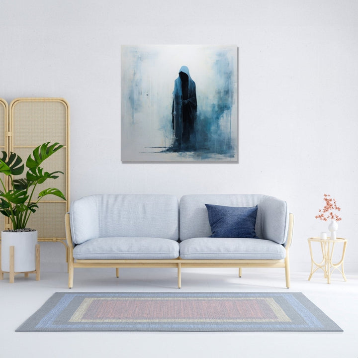 A hooded figure, draped in dark blue, emerges against a canvas of white with wisps of blue