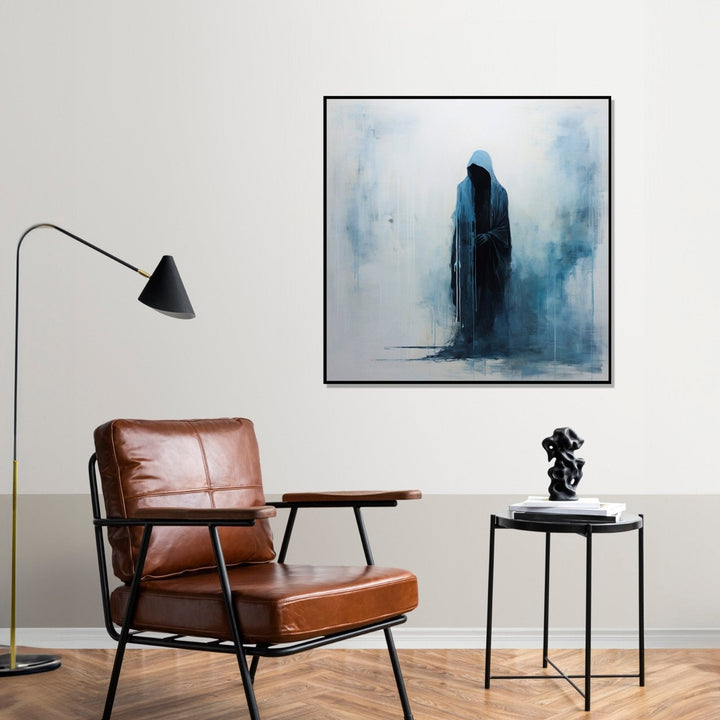 A hooded figure, draped in dark blue, emerges against a canvas of white with wisps of blue : Bed room Painting