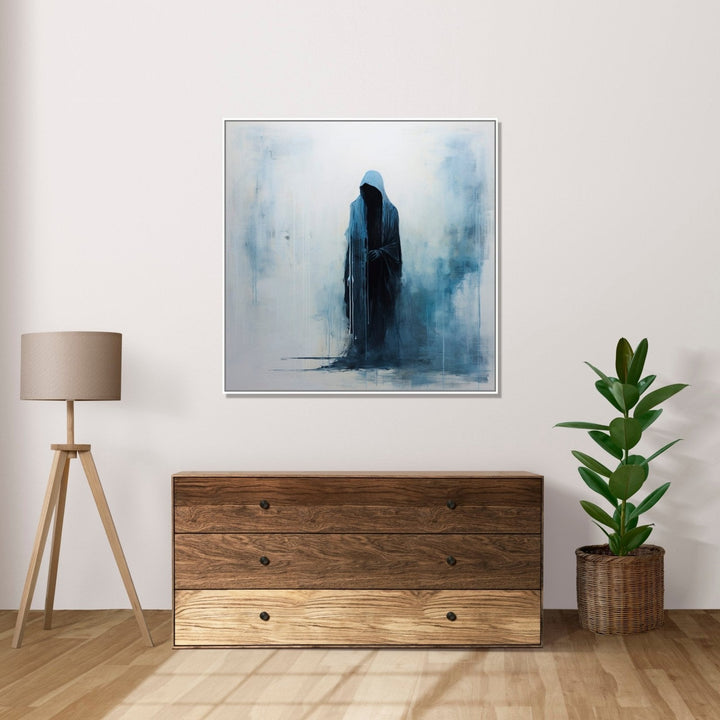 A hooded figure, draped in dark blue, emerges against a canvas of white with wisps of blue : Dining room Painting