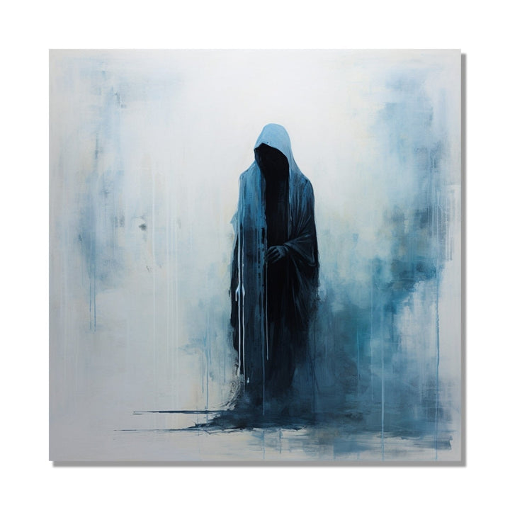 A hooded figure, draped in dark blue, emerges against a canvas of white with wisps of blue : Living room Painting