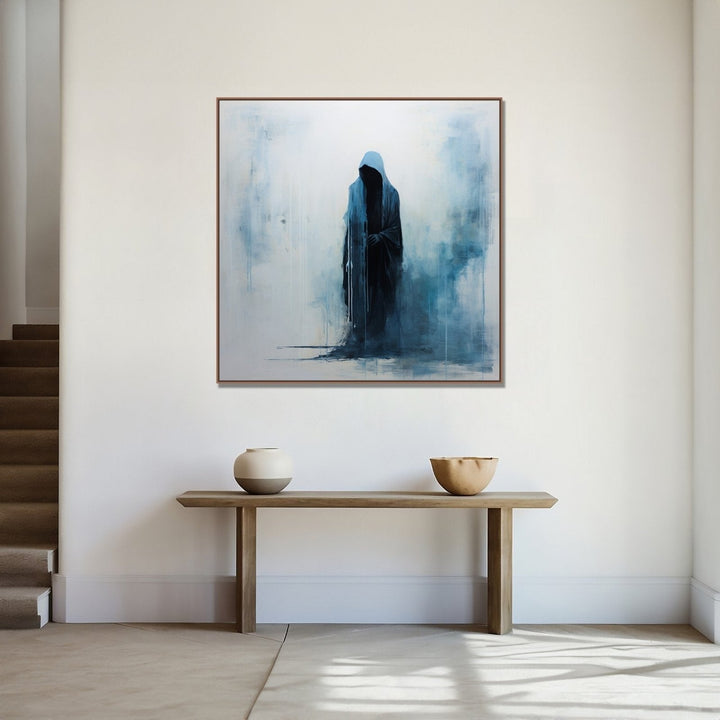 A hooded figure, draped in dark blue, emerges against a canvas of white with wisps of blue : Living room Paintings