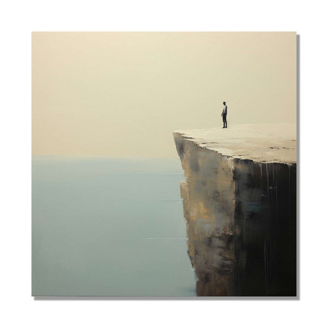 A lone man stands at the precipice of a cliff, gazing into the vast expanse of the sea below : Living room Painting