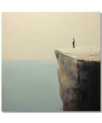 A lone man stands at the precipice of a cliff, gazing into the vast expanse of the sea below : Living room Painting