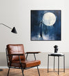 A lone man stands before a moon-shaped silhouette, deep navy blue background : Bed room Painting