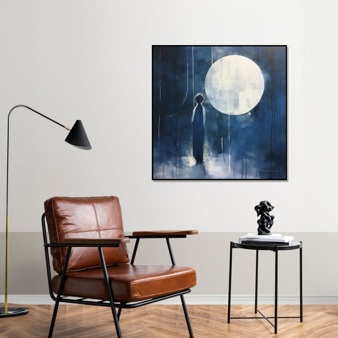 A lone man stands before a moon-shaped silhouette, deep navy blue background : Bed room Painting