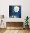 A lone man stands before a moon-shaped silhouette, deep navy blue background : Dining room Painting