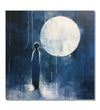 A lone man stands before a moon-shaped silhouette, deep navy blue background : Living room Painting