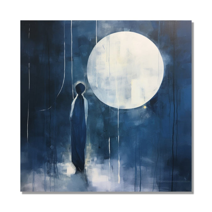 A lone man stands before a moon-shaped silhouette, deep navy blue background : Living room Painting