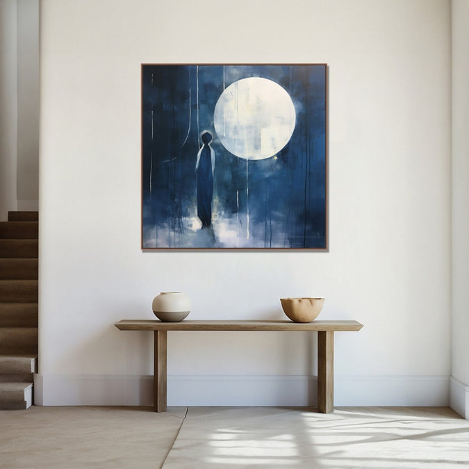 A lone man stands before a moon-shaped silhouette, deep navy blue background : Living room Paintings