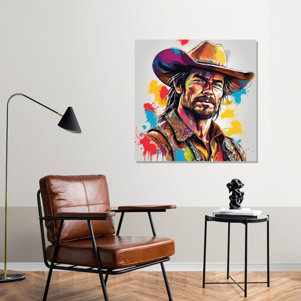 A man in cowboy hat , bread and moustache, wearing colored shirt, vibrant colour splash at places