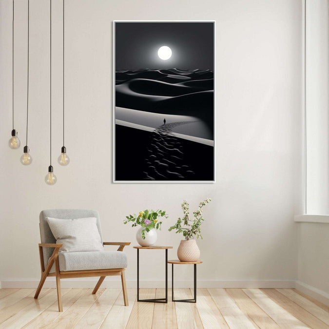 A man travelling in desert in full moon night : Dining room Painting