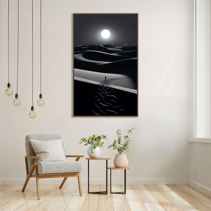 A man travelling in desert in full moon night : Living room Paintings