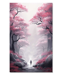 A man walking through the pink forest tall trees : Living room Painting