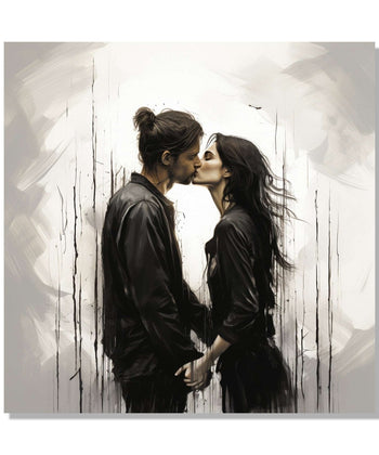 A man with hair bun black cloths and a woman in black dress kissing with other, side view, white and grey background : Living room Painting