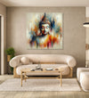 A meditating buddha in plain abstract workwith light grey, orange,light blue colours