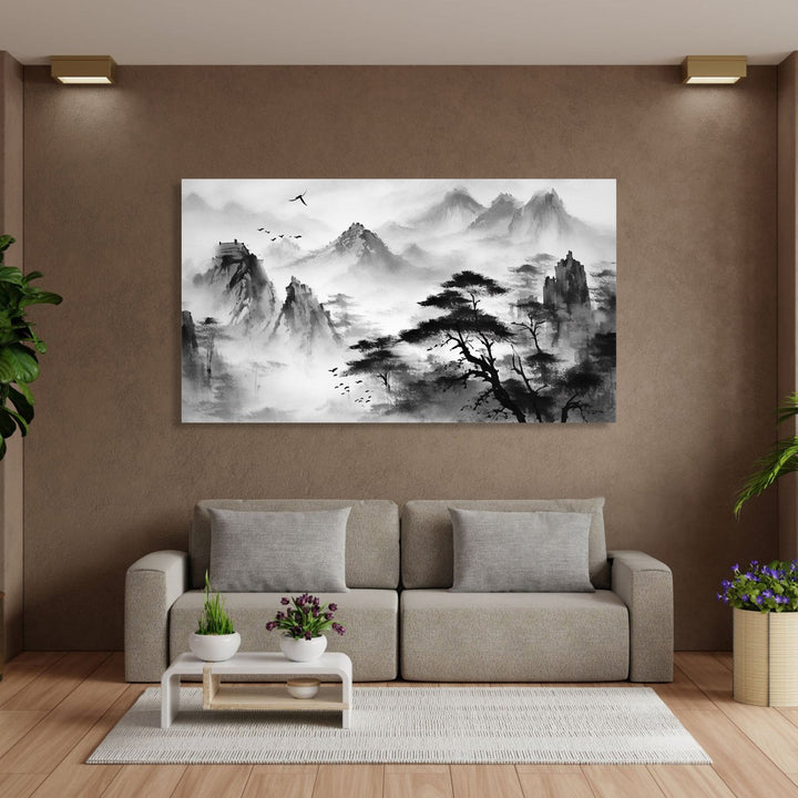 A monochrome of mountains and trees Asian Landscape
