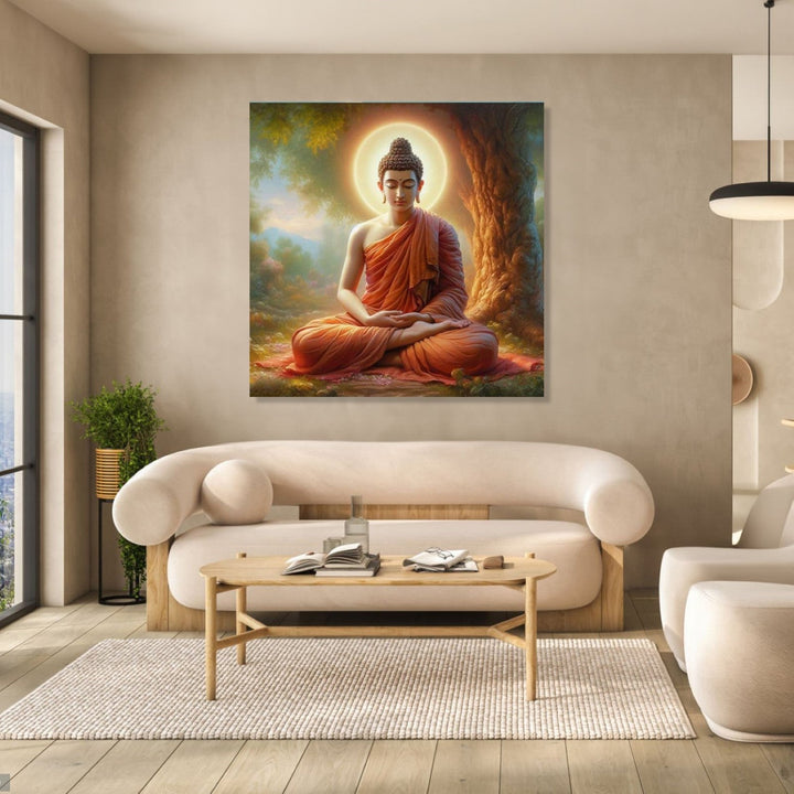 A realistic painting of meditating buddha under a tress with gold orb behind his head