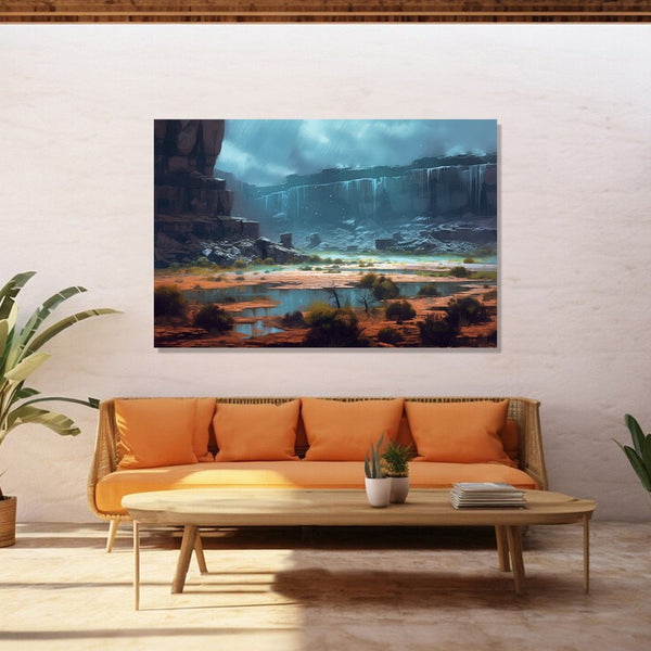 A straight rock structure formation and dry landscape