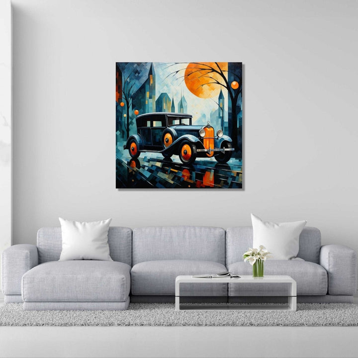 A vintage car in a city bathed in hues of deep blue, vibrant orange and muted white details