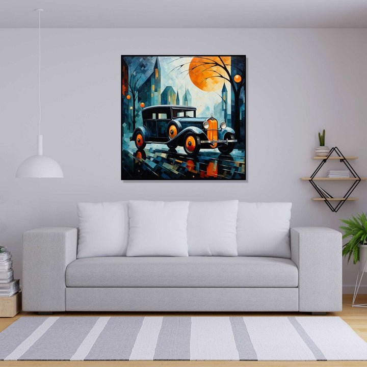 A vintage car in a city bathed in hues of deep blue, vibrant orange and muted white details : Bed room Painting