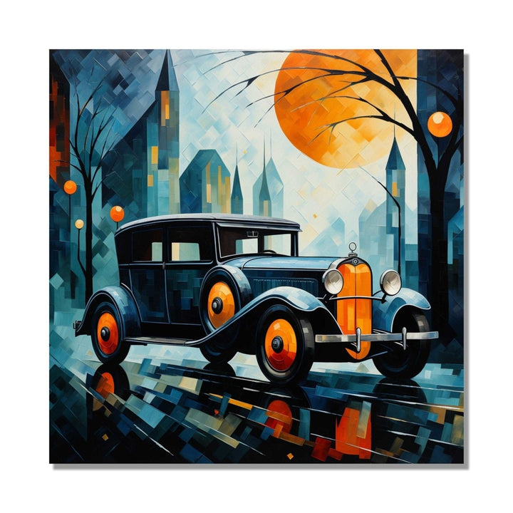 A vintage car in a city bathed in hues of deep blue, vibrant orange and muted white details : Living room Painting