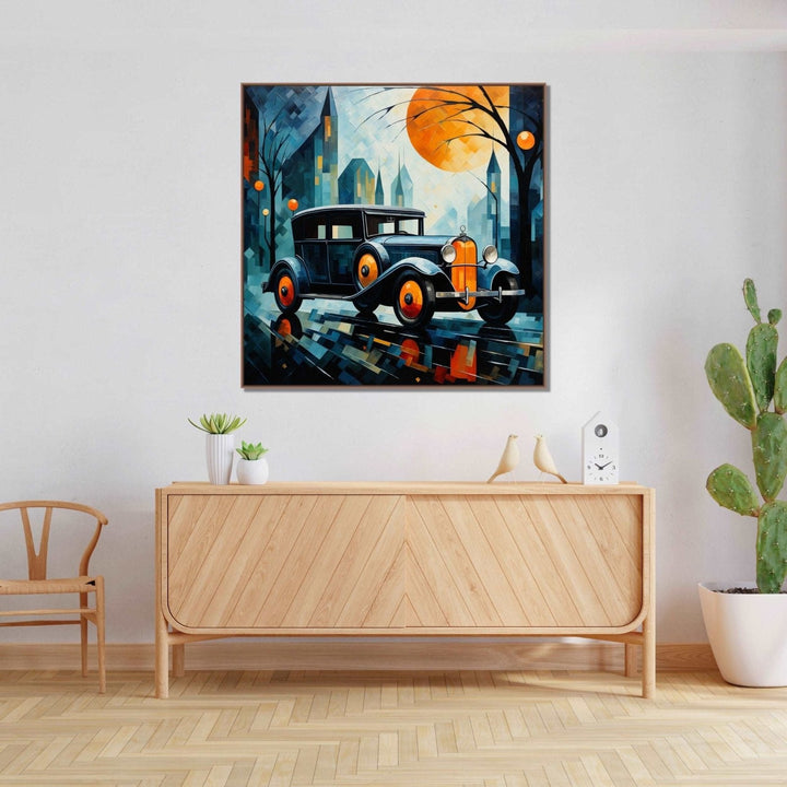 A vintage car in a city bathed in hues of deep blue, vibrant orange and muted white details : Living room Paintings