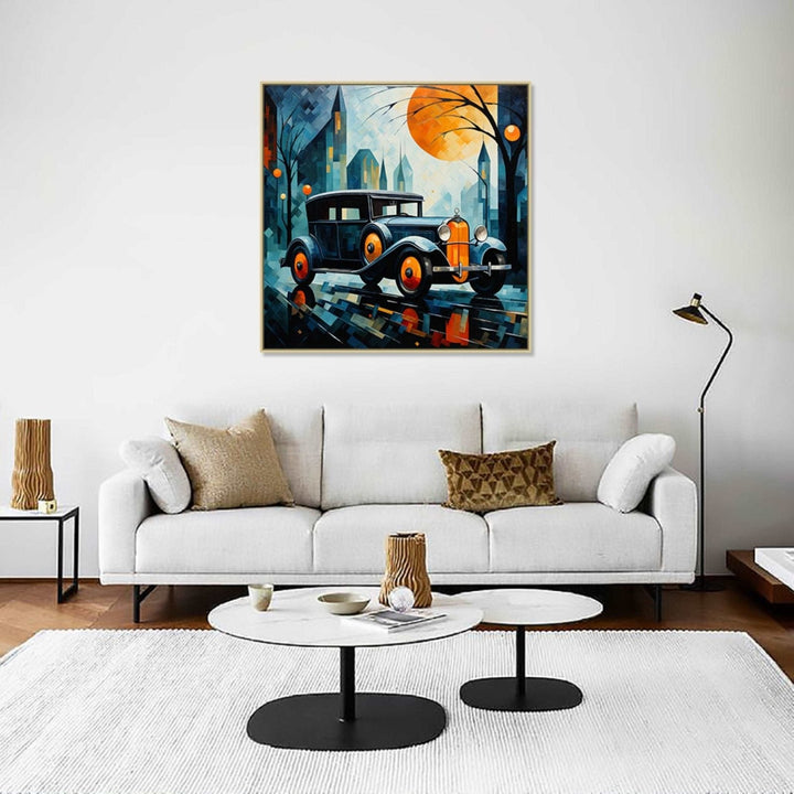 A vintage car in a city bathed in hues of deep blue, vibrant orange and muted white details : Personal room Paintings