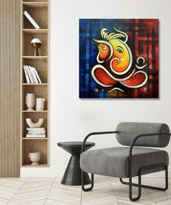 A white Line Ganesha in Blue and Red line Background