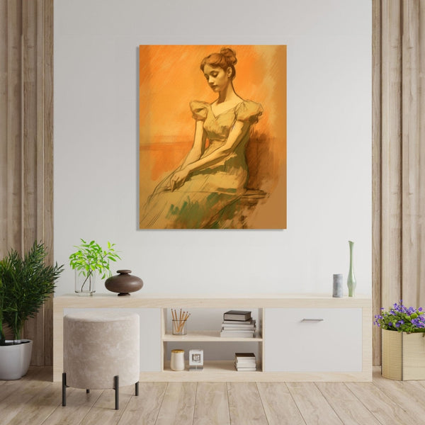 A white girl from colonial era, sitting shyly against beige background, wearing light blue dress, hair tied in a bun