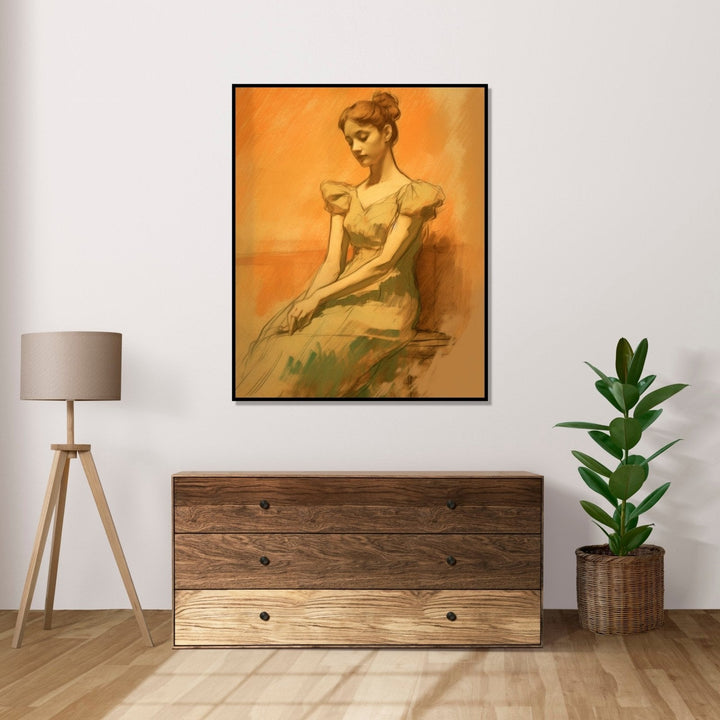 A white girl from colonial era, sitting shyly against beige background, wearing light blue dress, hair tied in a bun : Bed room Painting