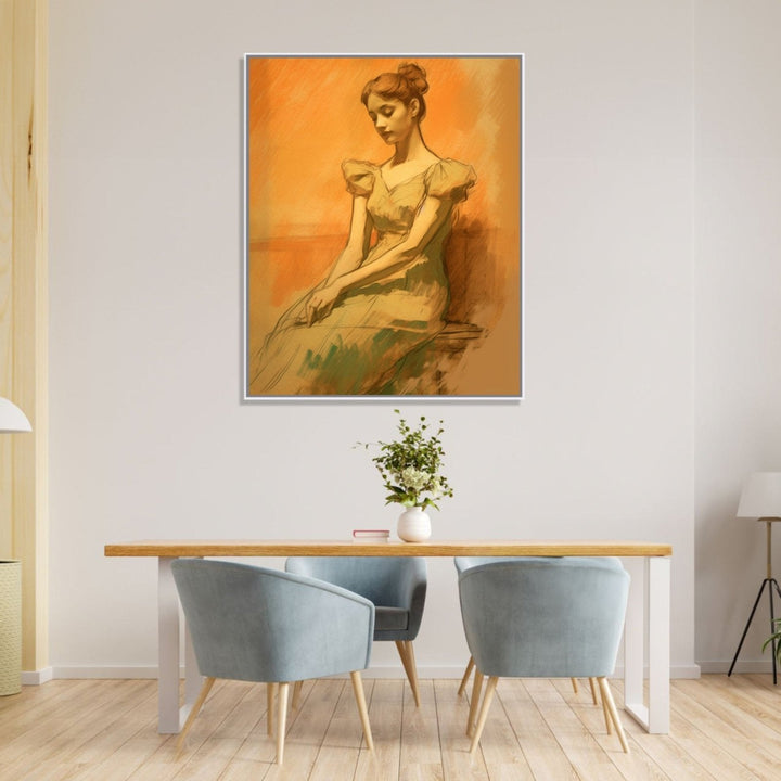 A white girl from colonial era, sitting shyly against beige background, wearing light blue dress, hair tied in a bun : Dining room Painting