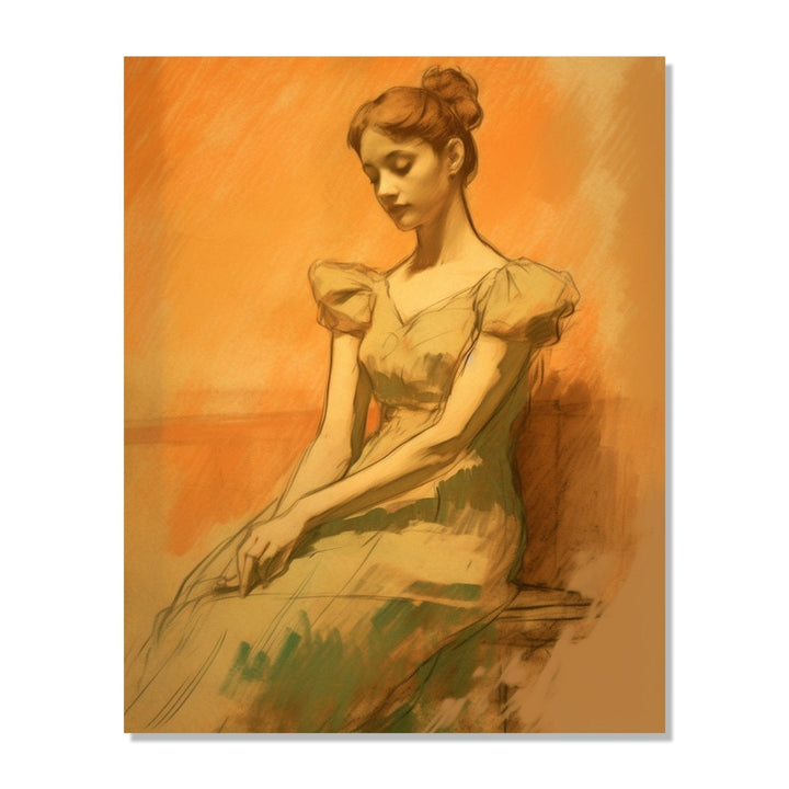 A white girl from colonial era, sitting shyly against beige background, wearing light blue dress, hair tied in a bun : Living room Painting