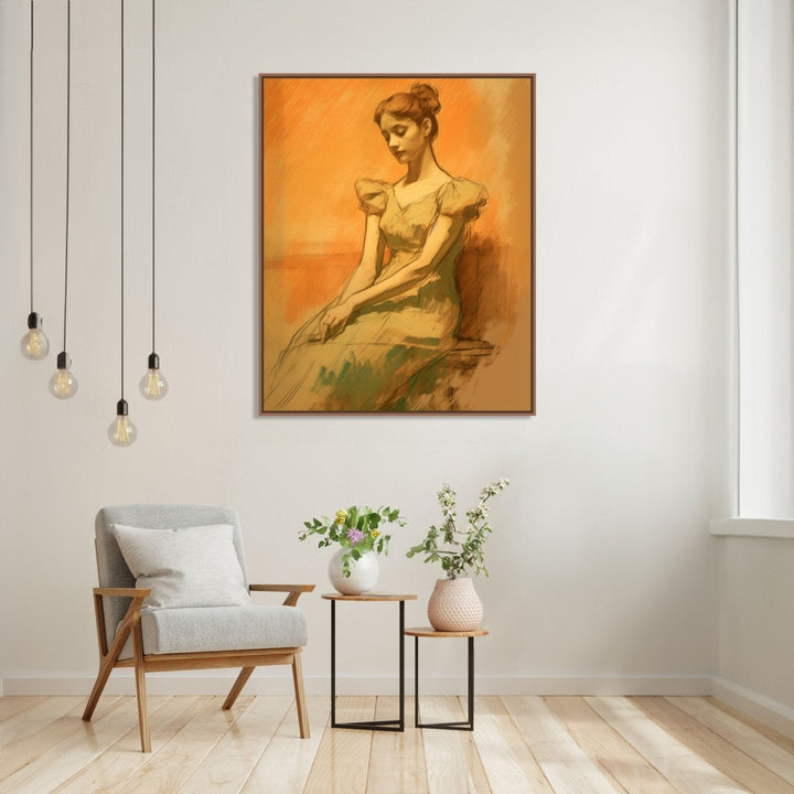 A white girl from colonial era, sitting shyly against beige background, wearing light blue dress, hair tied in a bun : Living room Paintings