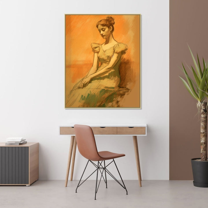 A white girl from colonial era, sitting shyly against beige background, wearing light blue dress, hair tied in a bun : Personal room Paintings