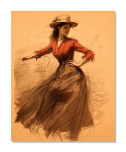 A woman dancing wearing a grey skirt and reg shirt blouse and light brown hat : Living room Painting