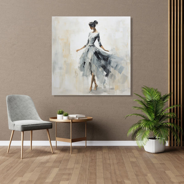 A woman figure wearing grey dress in light abstract background