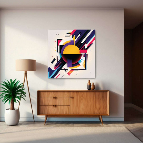 Abstract painting of diagonal pattern of lines and circle, black, blue orange and yellow colour Room 1