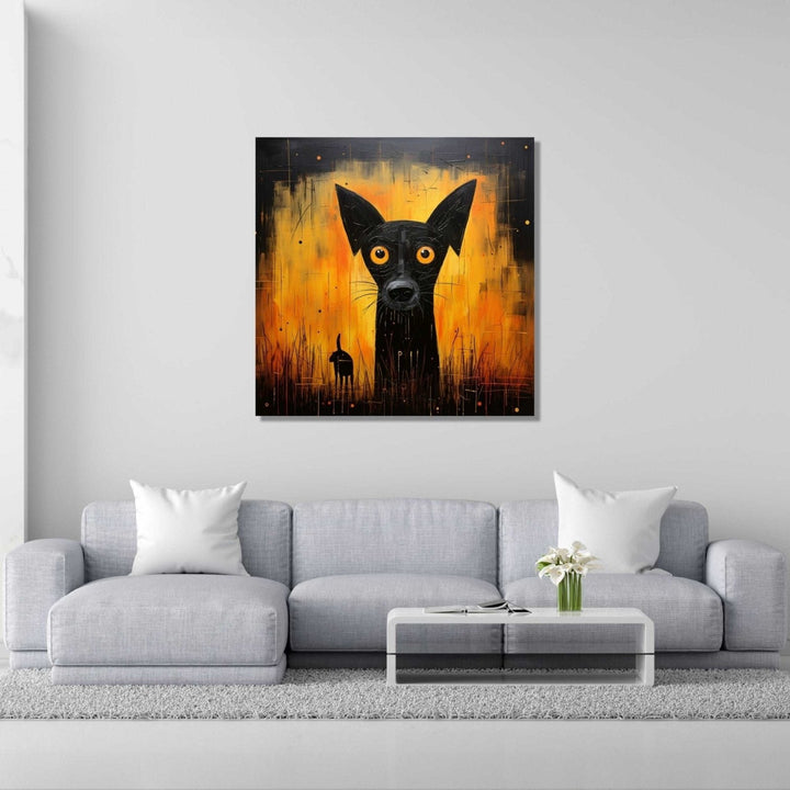 Against an ominous orange and black background emerges an eerie black dog with piercing orange eyes