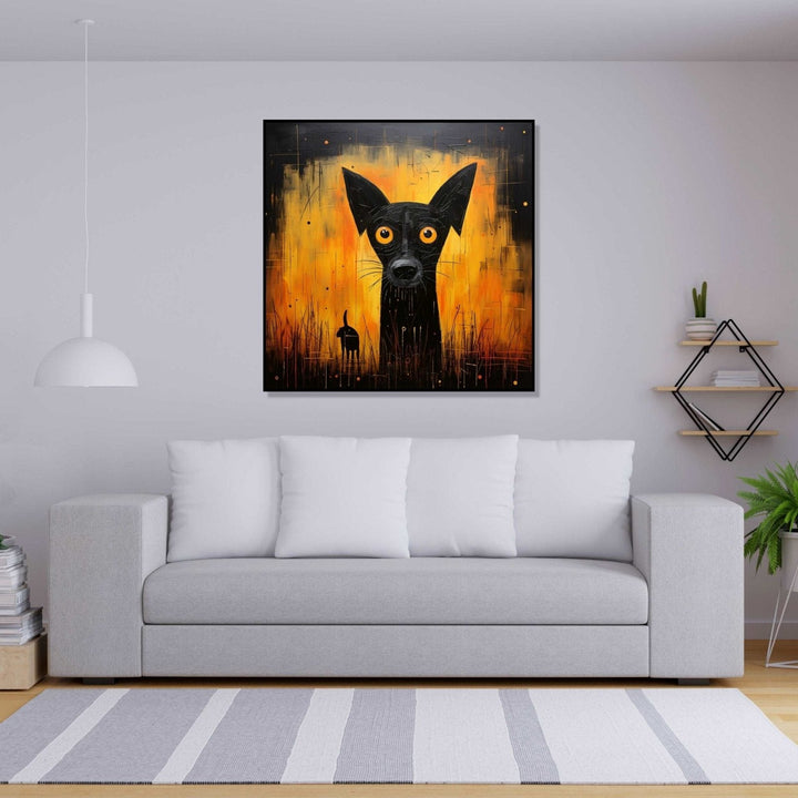 Against an ominous orange and black background emerges an eerie black dog with piercing orange eyes : Bed room Painting