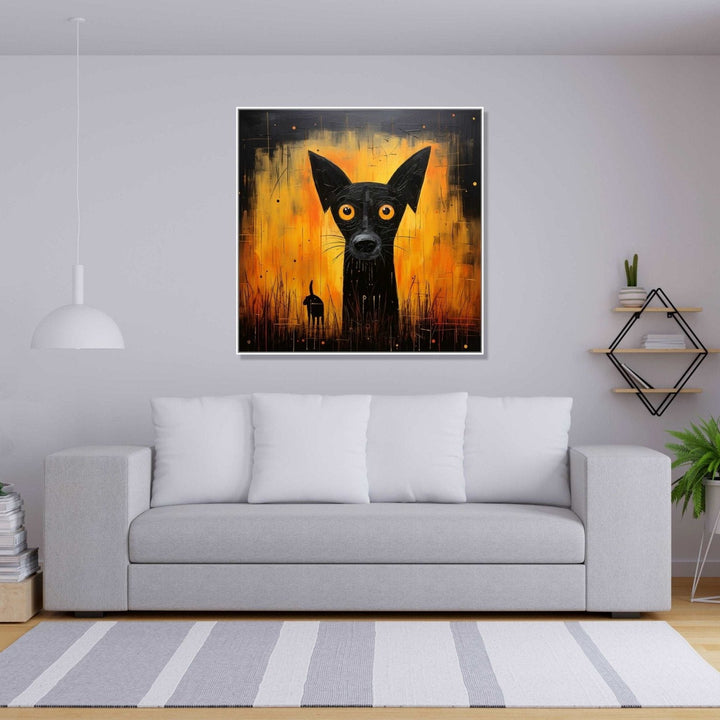 Against an ominous orange and black background emerges an eerie black dog with piercing orange eyes : Dining room Painting